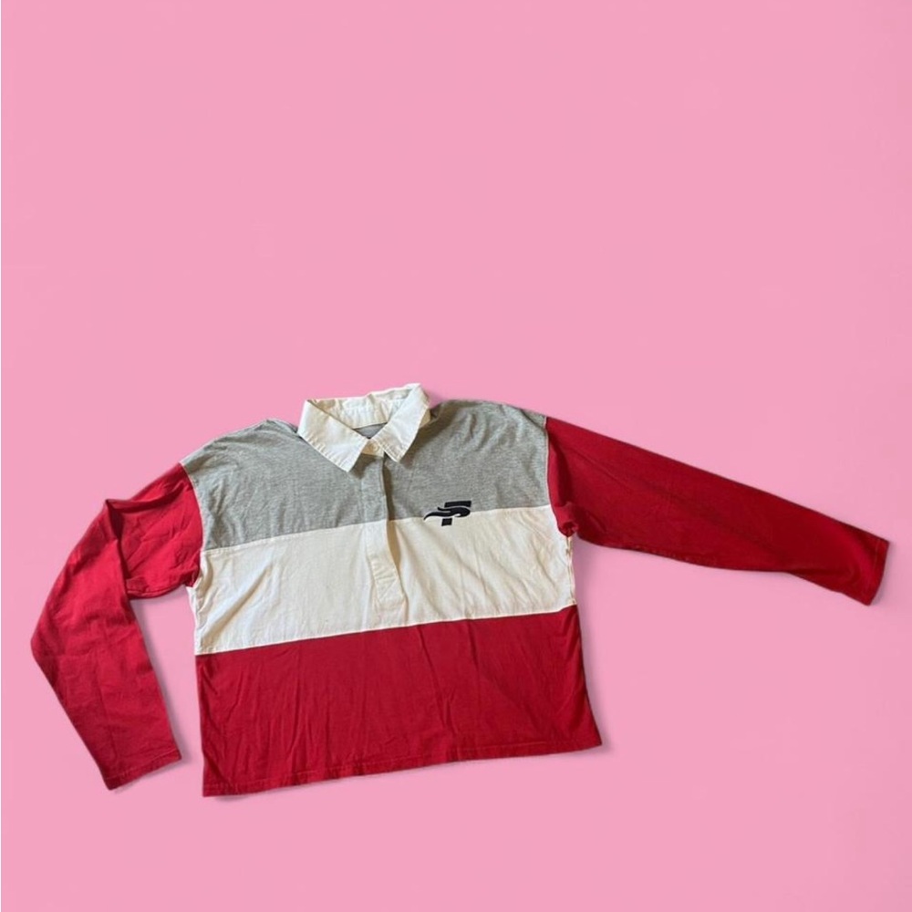 Southeastern University Colorblock Button-Down Rugby Shirt in Red, White & Gray